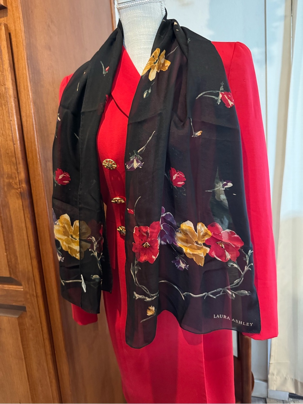 Laura Ashley Black Floral Silk-Blend Scarf with Red & Yellow Blooms